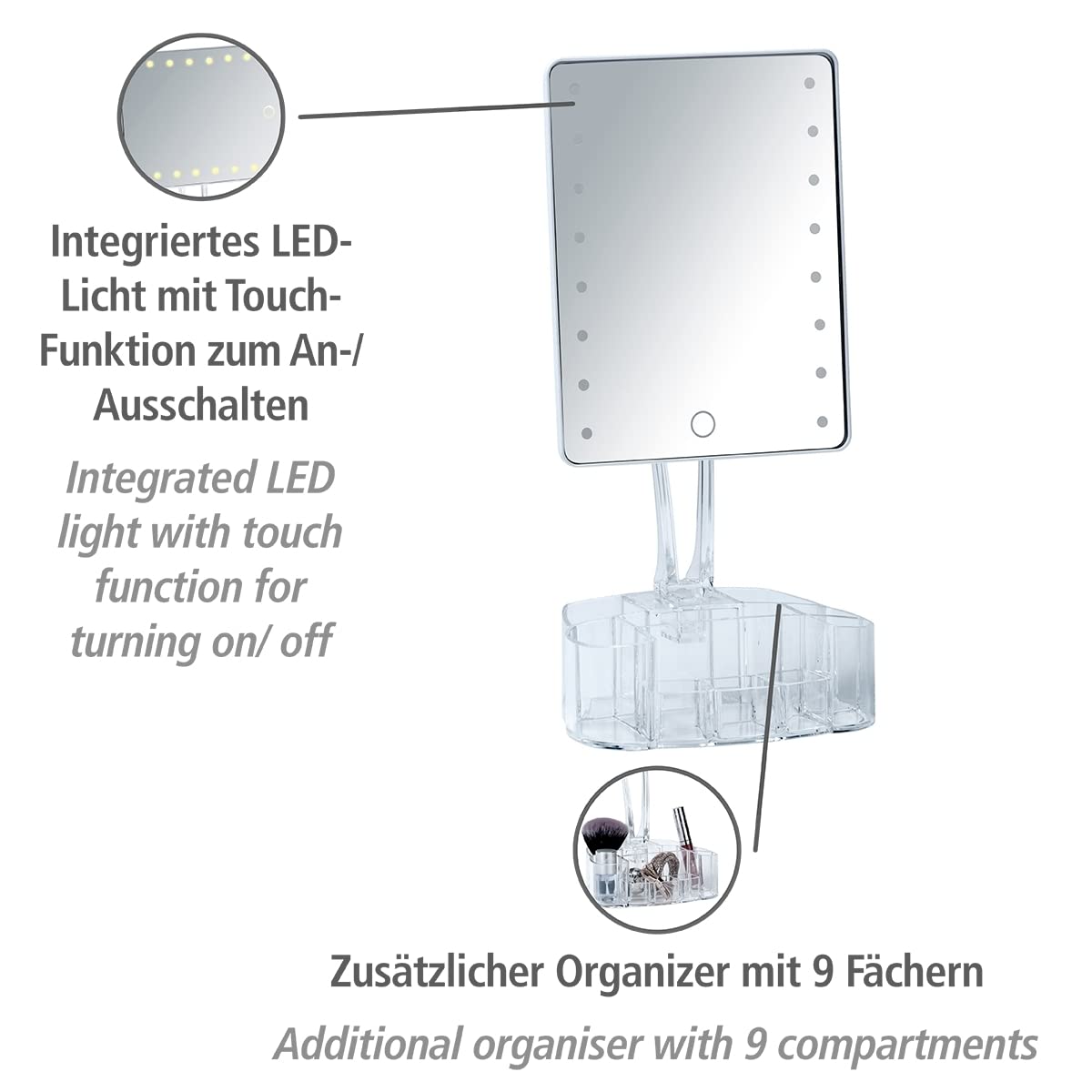 WENKO Trenno lustro stojące z organizerem LED, lusterko kosmetyczne z oświetleniem LED, obrotowe, funkcja dotykowa, funkcja ściemniania jasności, zasilanie bateryjne, 17 x 36 x 12,5 cm