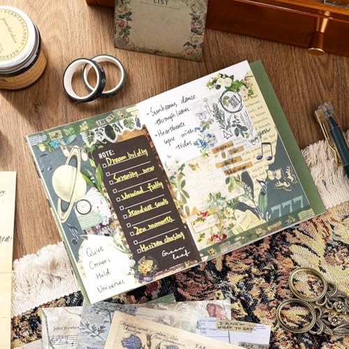 Image of GDNK 346pcs Vintage Journal Scrapbook Pack Kit for Art Journaling Bullet, Planners DIY Paper Stickers, Craft Kits Notebook, Collage Album Aesthetic Sticker (Moonlight) (Green Leaf)