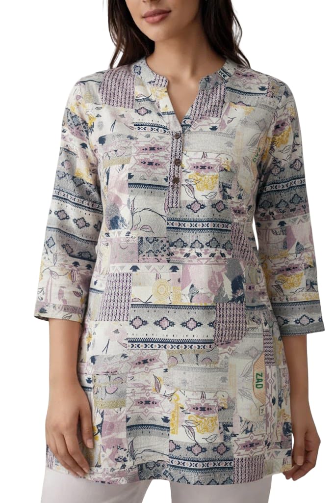 - Women's Printed Tunic Top, 3/4 Sleeves, V-Neck, Multicolor Patchwork Pattern, Cotton Blend