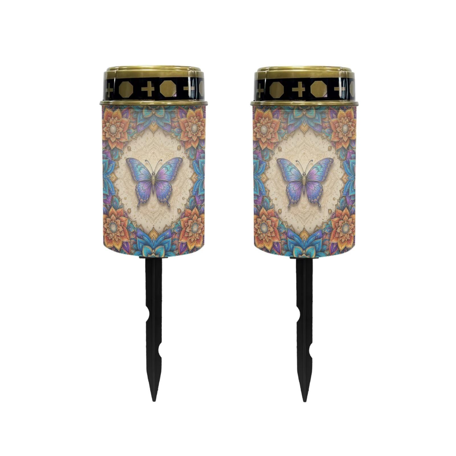 Poceacles Solar Powered Outdoor Lights Cemetery Solar Memorial Lights Outdoor Waterproof Landscape Candles for Yard Patio Lawn Home Decor, Bohemian Floral Butterfly Blue, Pack of 2