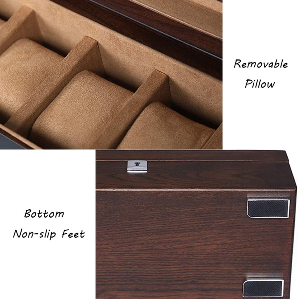 Caja de reloj, caja de colección de joyas, soporte organizador, bandeja para pulsera, caja de almacenamiento de exhibición de madera con tapa de vidrio y 5 almohadas de almacenamiento extraíbles