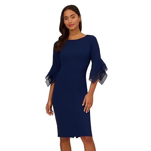 Adrianna Papell Women's Knit Crepe Tiered Sleeve Dress, Navy Sateen, 20