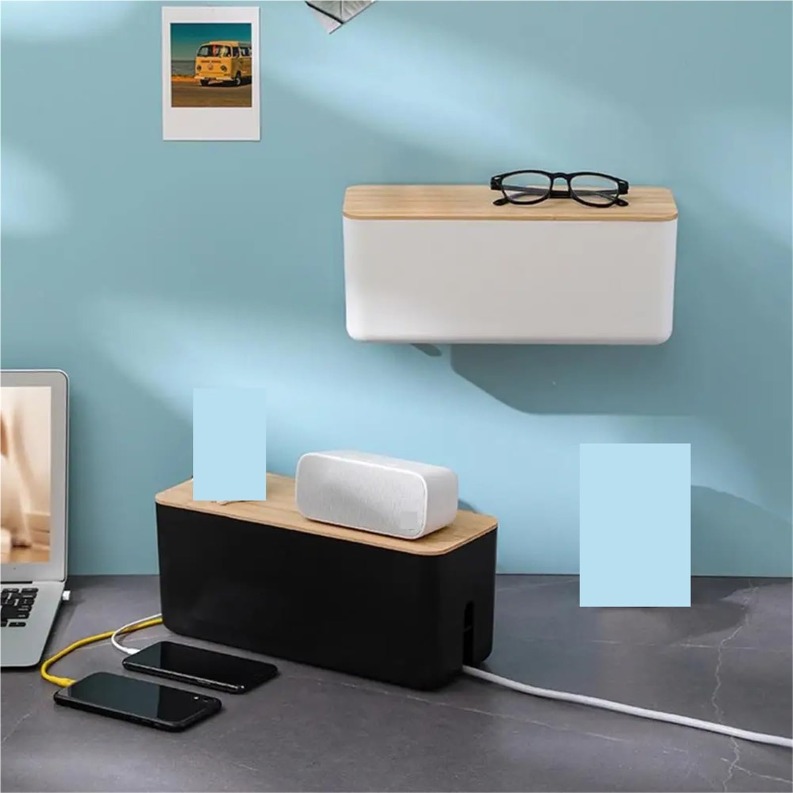Organizador De Cables Caja de Almacenamiento de Cables Caja de Almacenamiento de Cables de alimentación Multiusos Estable Organizadores de Cables de Escritorio para Guardar Cables(Black)