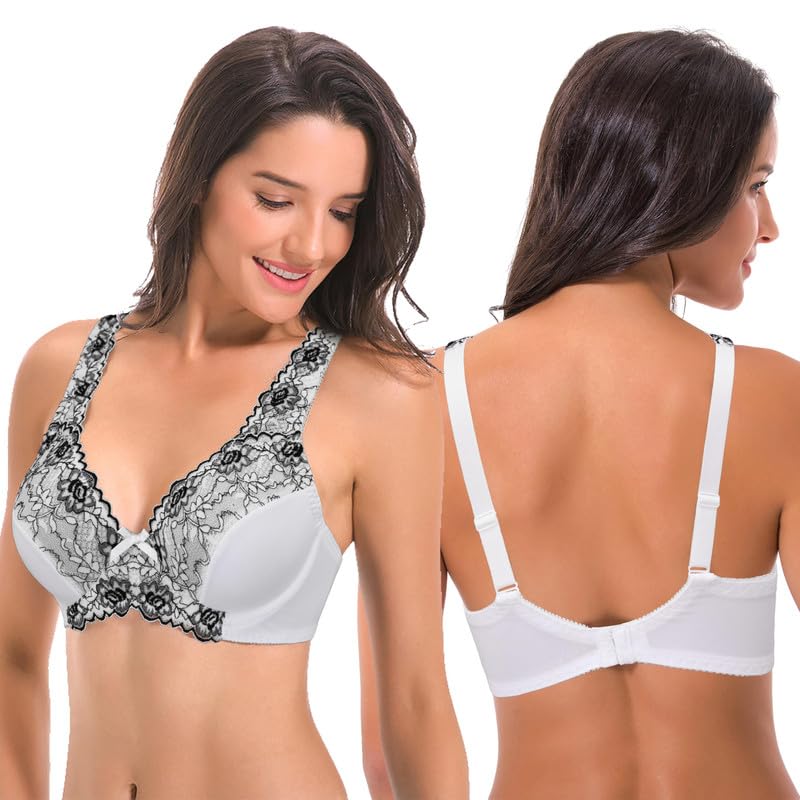 Image of Curve Muse Minimizer Unlined Underwire Bra with Lace Embroidery-2 Pack