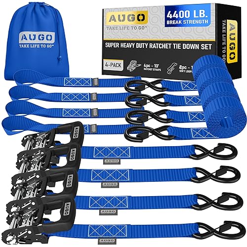 Image of AUGO Heavy Duty Ratchet Straps & Soft Loops - Pack of 4 Extra Strong 1.5 inch by 10' Ratchet Straps w /S-Hook Safety Latches & 4 Soft Loop Tie Downs - 4400Lb Break Strength for Motorcycles, ATVs, Etc.