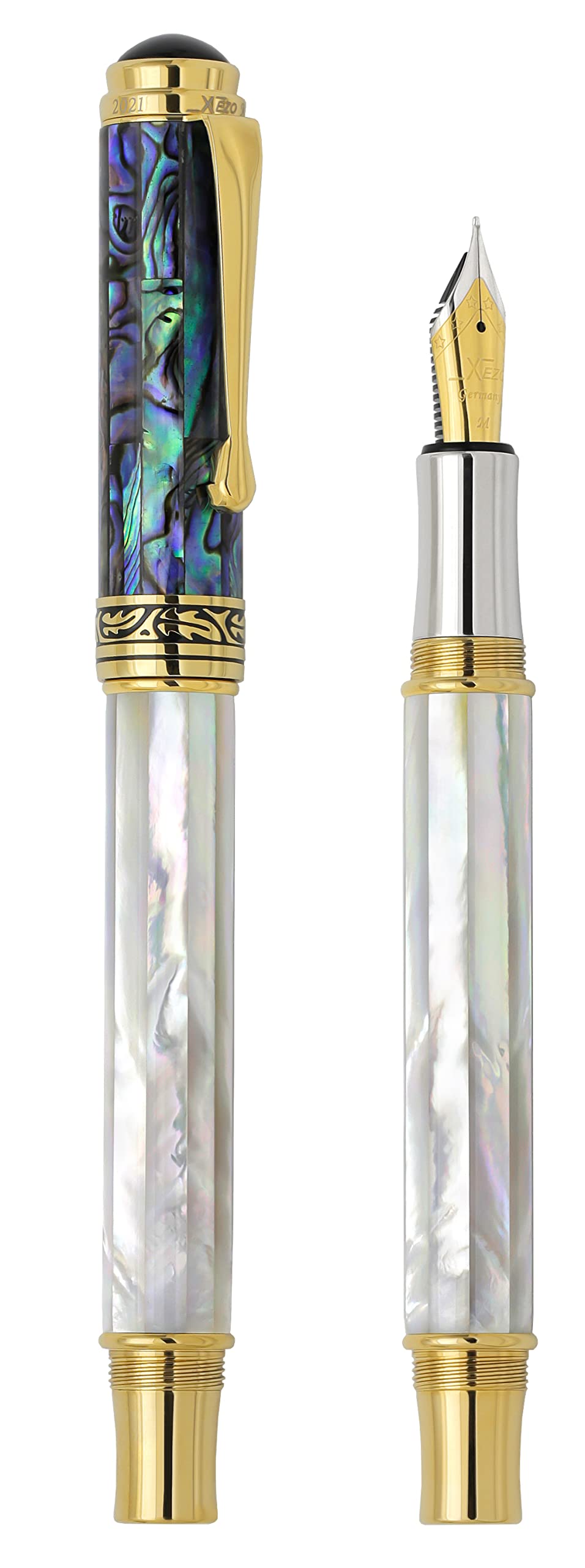 Xezo Pluma estilográfica Maestro, punta media. Nácar blanco iridiscente de origen oceánico y concha de Pāua. Baño de oro de 18 quilates y platino puro. Ninguna es igual