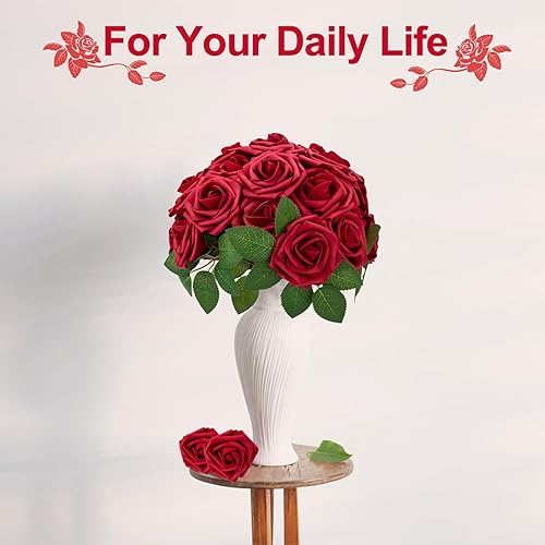 Miniatura 8 de SPORTYOUTH 50 rosas artificiales blancas a granel con tallos, rosas falsas de espuma, aspecto real para decoración de boda, ramos de novia, centros