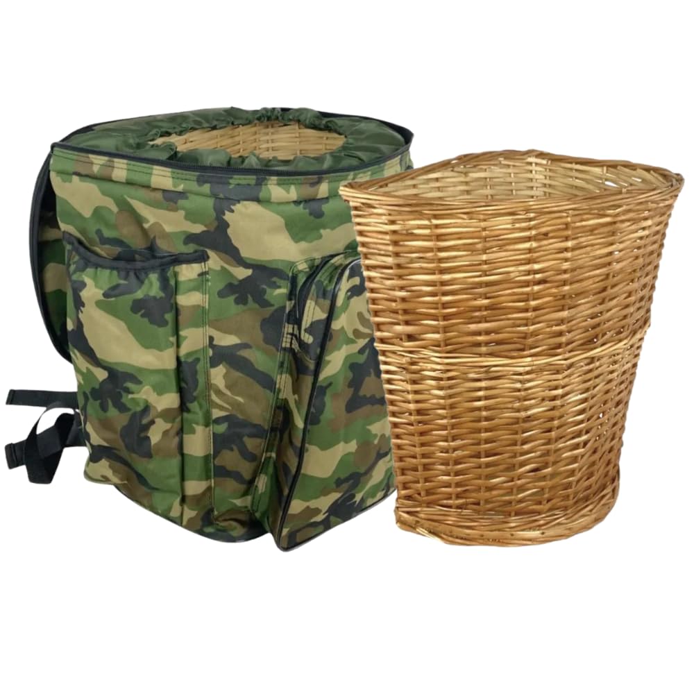 acquaverde | Zaino Portafunghi per Raccolta Funghi Professionale, Verde Mimetico, Imbottito Anti-urto con 3 Tasche, Cesta in Vimini - cm. 41x35x43