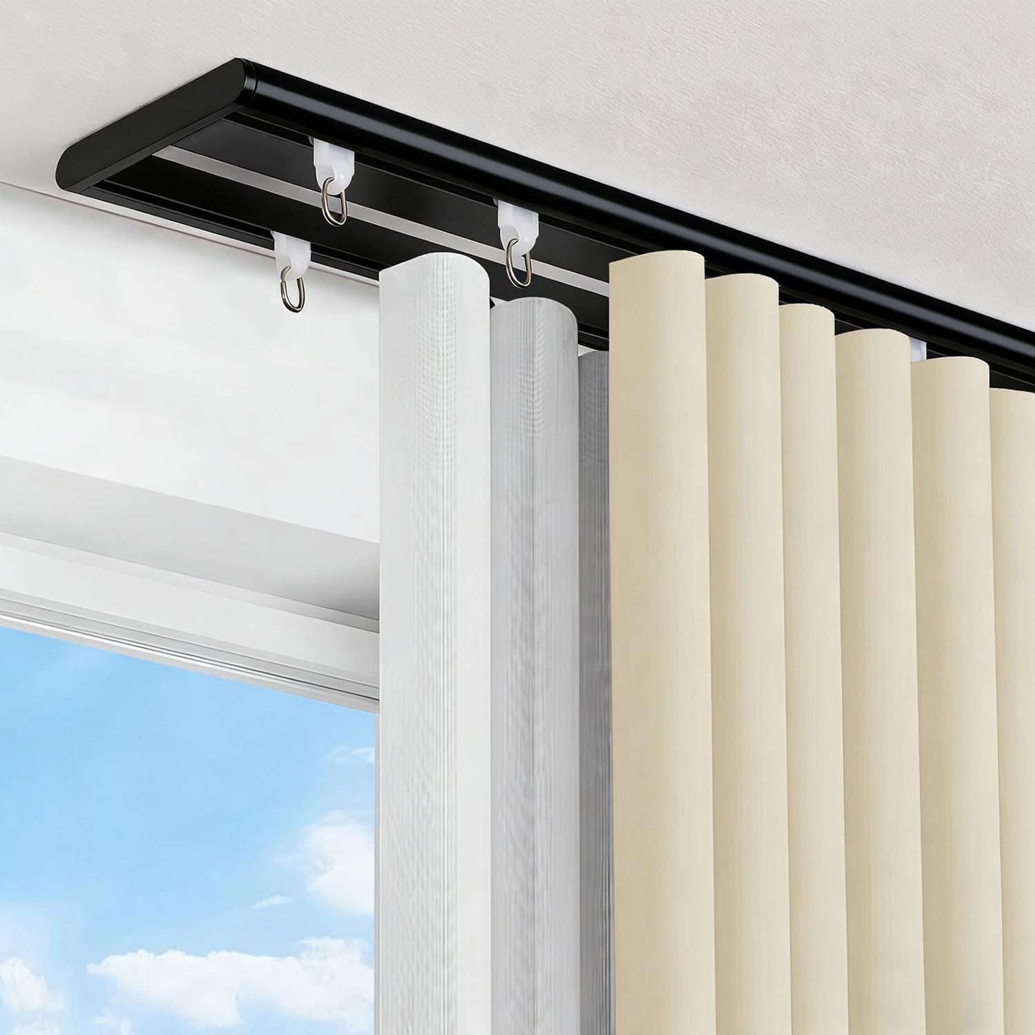 Double Row Ceiling Curtain Track, Silent Heavy Aluminum Duty Curtain Track System, Sliding Curtain Rails for Curtains, Room Divider Track for Bedroom Living Room Ofiice Hotel, Black, 7.2FT