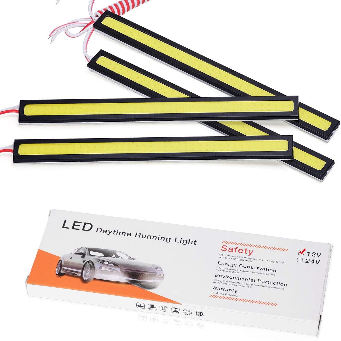 YINTATECH 4PCS Waterproof Car COB LED Light Strips High Power 12V 6W 6000K Slim Daytime Running DRL Fog Light Driving Lamp (White)