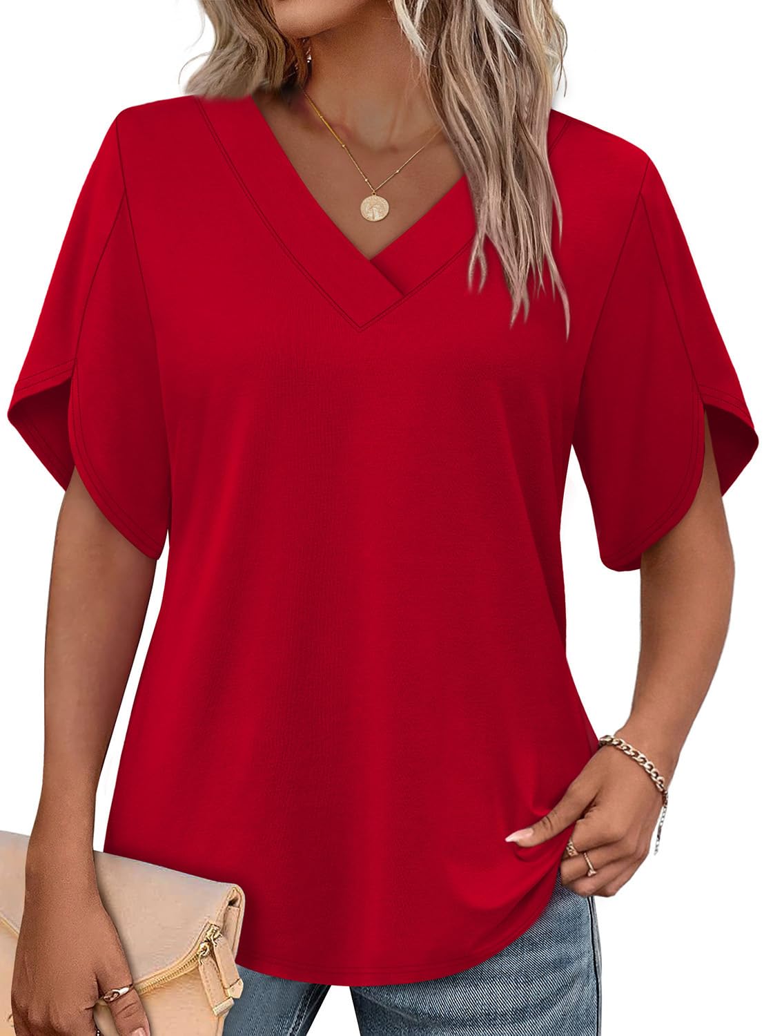 WIHOLL Womens Summer Tops Short Petal Sleeve Shirts Fashion V Neck Outfits Clothes