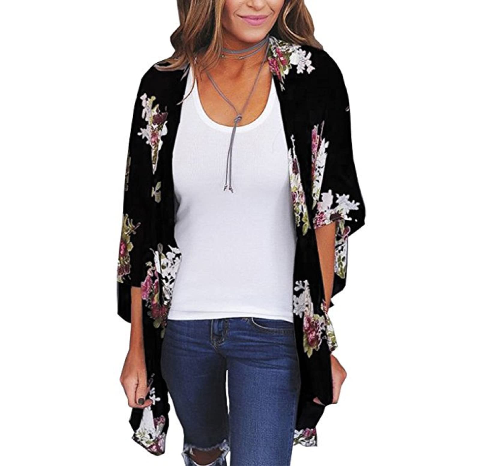 Jarseila Cárdigan Kimonos Mujer Corto Pareos Playa Casual 3/4 Tops Blusa Gasa Cárdigan Floral Bikini Cover Up Blusa Informal Top Verano 2024