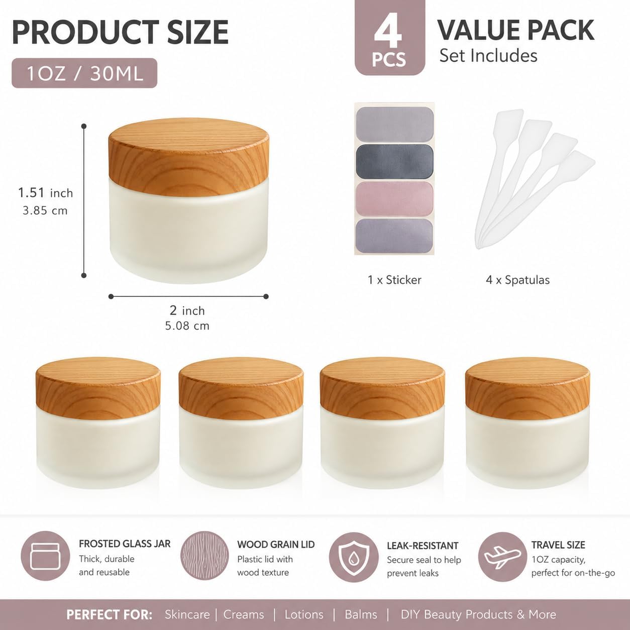 1 OZ Glass Cosmetic Jars with Lids, 4 Pack Small Frosted White Empty