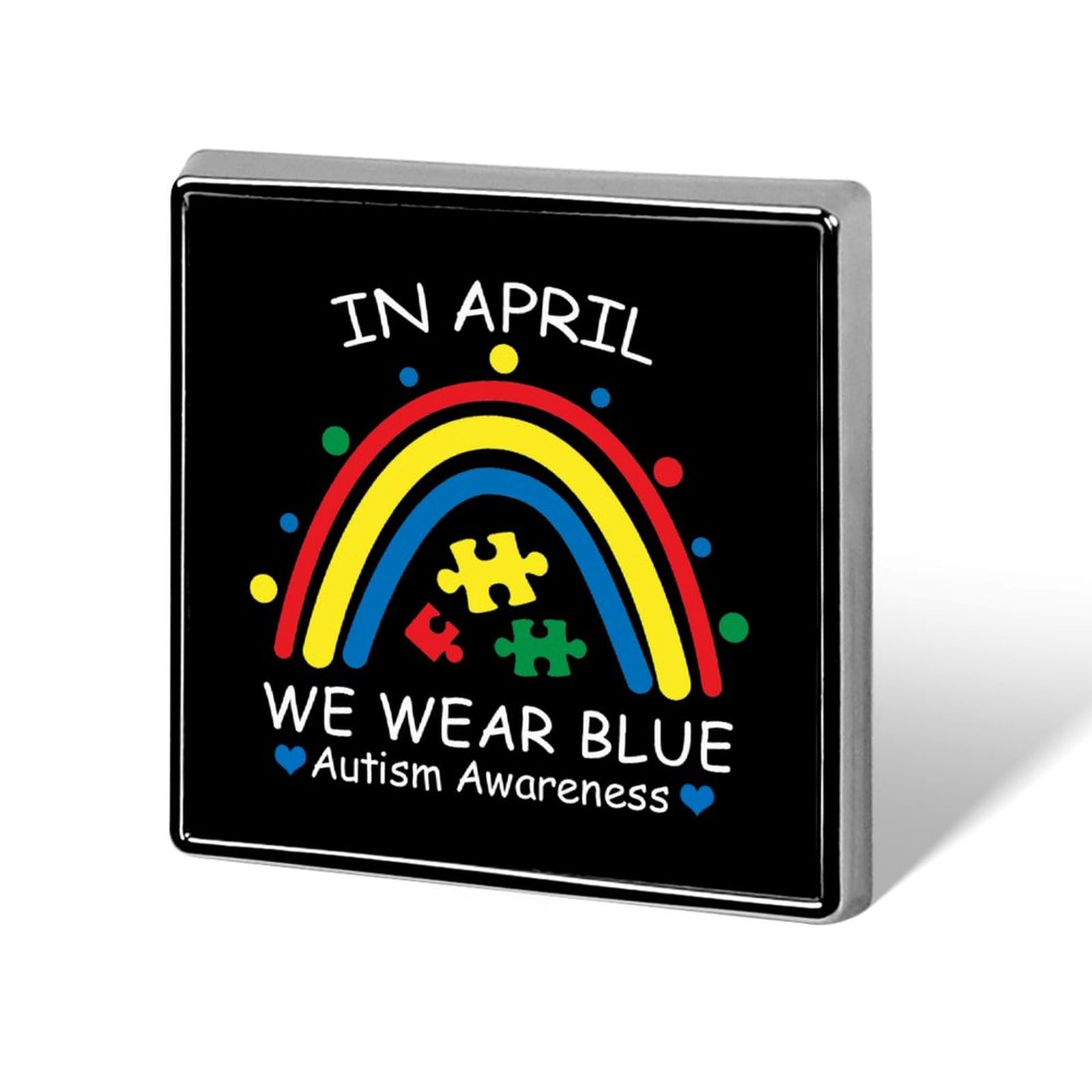Rainbow Autism In April We Wear Blue Autism Awareness Month Square Badge Brooch Pins Metal Novelty Buttons Decoration for Clothing Bags Hat