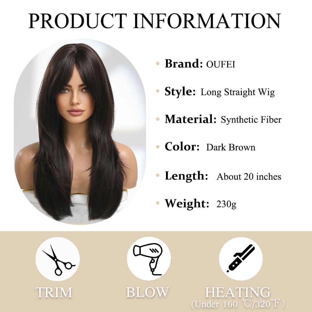 20 Pouces Longues Droites Marron Foncé Dégradé Cheveux Synthétiques Perruques avec Franges pour Les Femmes Utilisation Quotidienne pour Les Fêtes