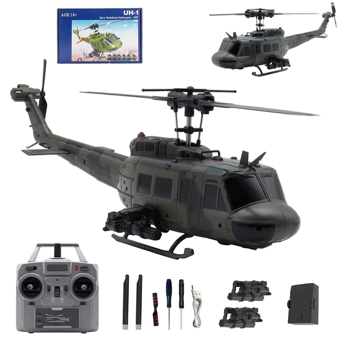 RC-ERA C032 UH-1 Huey RC Hubschrauber 1:48, Flybarless 6CH Brushless-Motor, 6-Achsen-Gyrostabilisierung, Optische Flusspositionierung & 3D-Rückwärtsflug Helikopter Für Hobbyisten
