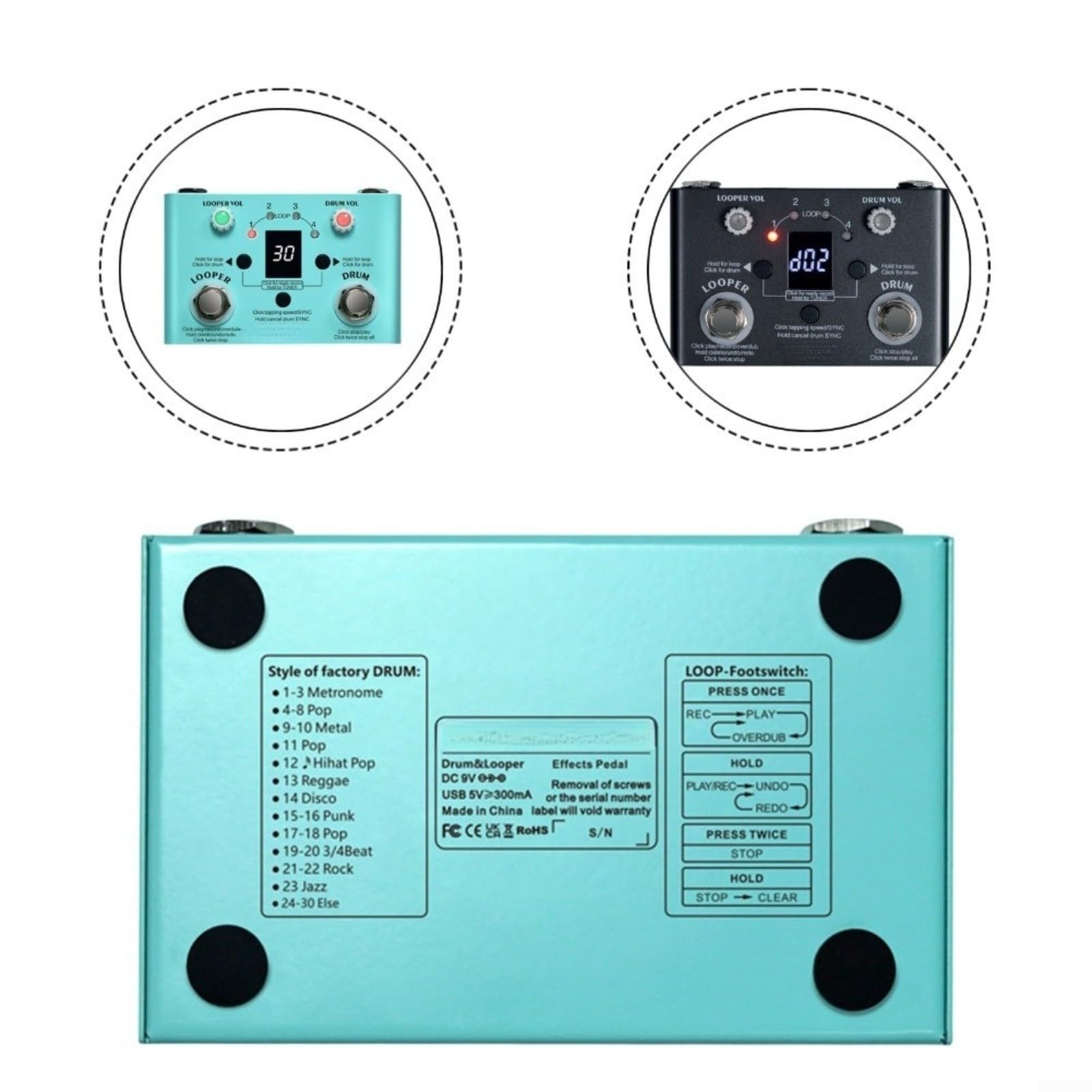 Pedal de efectos de guitarra m-vave V2 con 30 ritmos, grabación en bucle de 5 minutos, tempo de toque 40-240 BPM, alimentación USB-C para práctica de actuación en vivo, negro (negro)