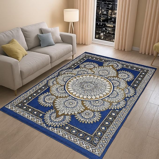 Image of Premium Cotton Carpet for Living Room 5 X 7 FEET | Carpet for Hall /Area Rugs /ChenilleCarpet /CottonCarpet /Carpet for Living Room /Kalin & Dari | Reactangular (Blue)
