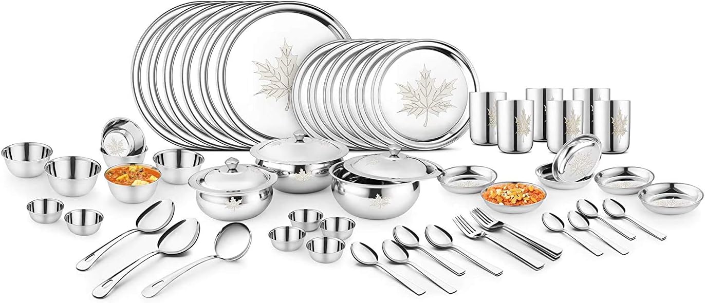 Classic Essentials High Grade Stainless Steel with Permanent Maple Laser Design Dinner Set of 61 pcs (Out Side Shiny Finish and in Side Matte Finish) -Silver, Classic Essentials SS CE-SVM6140