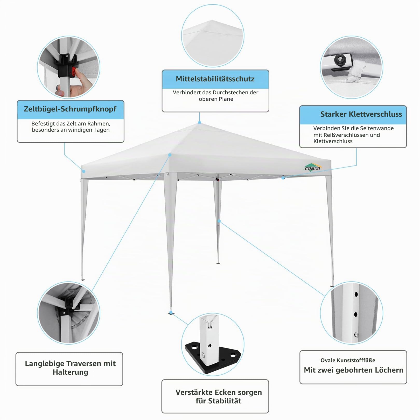 COBIZI Faltpavillon 3x3 Wasserdicht Stabil Pop Up Pavillon Faltbar 3x3 mit 4 Seitenwnden | Wasserdicht | UV-Schutz 50+ | Gartenpavillon Partyzelt für Garten Party Markt Picknick | inkl. Tasche(Weiß)