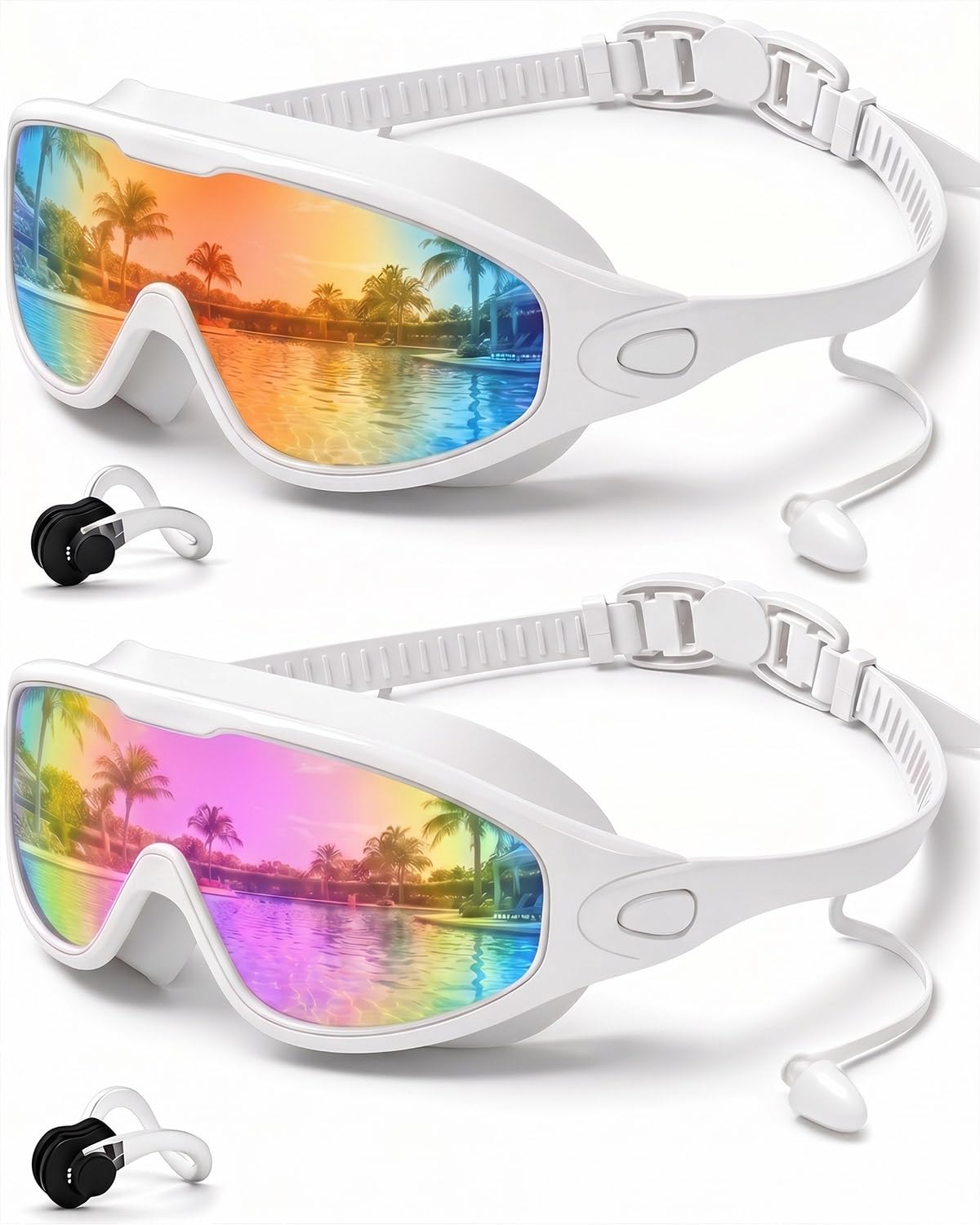 Swim Goggles 2 Pack, Wide View Anti Fog&UV Swimming Goggles for Audlt, No Leak Pool Beach Essentials for Men Women White Mirrored Red & White Mirrored Pink Large for Adults