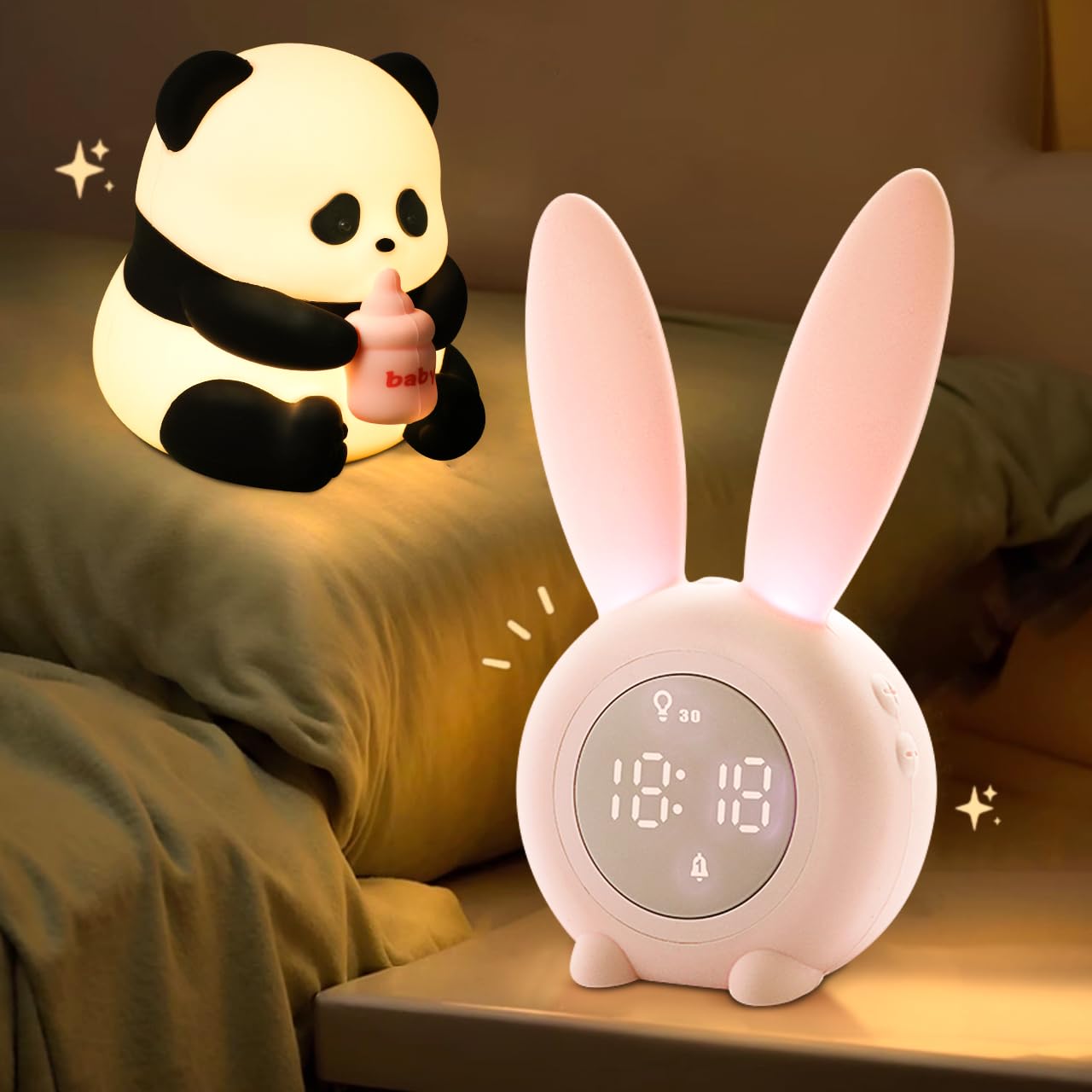 Niedliches Panda-LED-Nachtlicht, dimmbare Squishy-Nachtlampe, Silikon-Nacht-Schlafzimmerlampe, USB-wiederaufladbares Schreibtischlicht, Hasen-Wecker, Geschenk für Kinder, Mädchen, Jungen, Familie