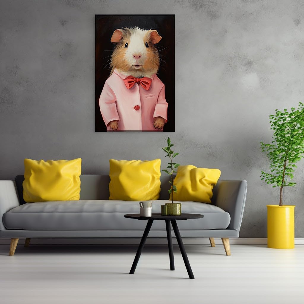 Canvas for Living Room. Elegance Personified: A Dapper Guinea Pig's Portrait Against Stark Black Canvas, 27 x 18 inch Canvas Wall Art - Modern Home Decor