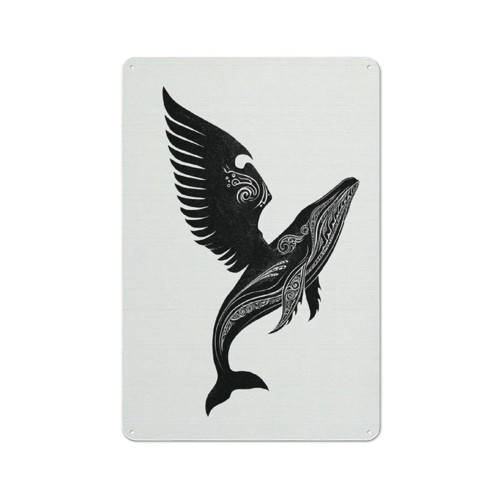 Junmoney Whale With Wings Symbolic Artwork Rustic Metal Sign 30X20cm For Café Or Restaurant, Suited To Café Owners And Decorators
