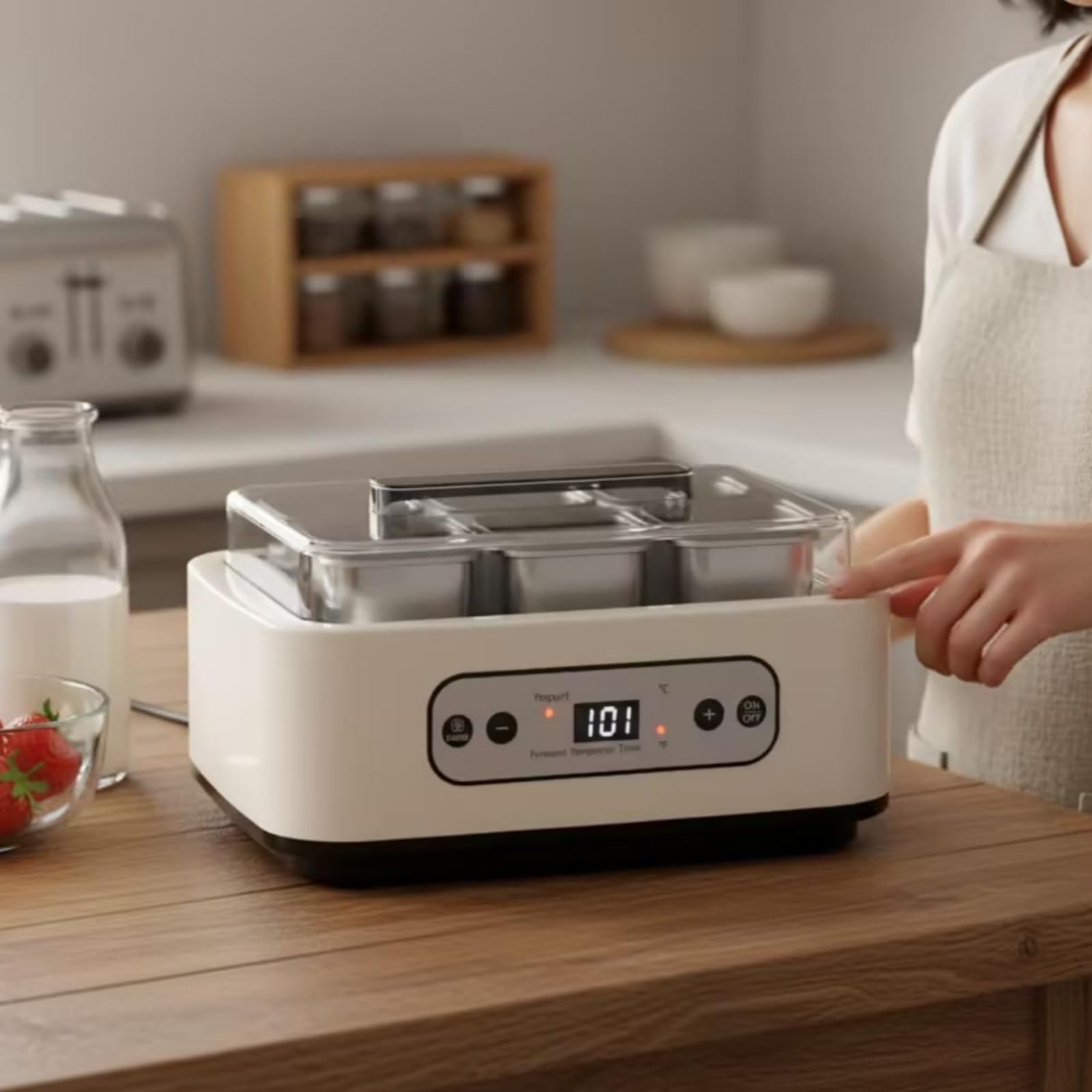 MotiveTech Yogurtiera Digitale Angoli Arrotondati Yogurtiera in Vetro Compatta Yogurtera con Vasetti