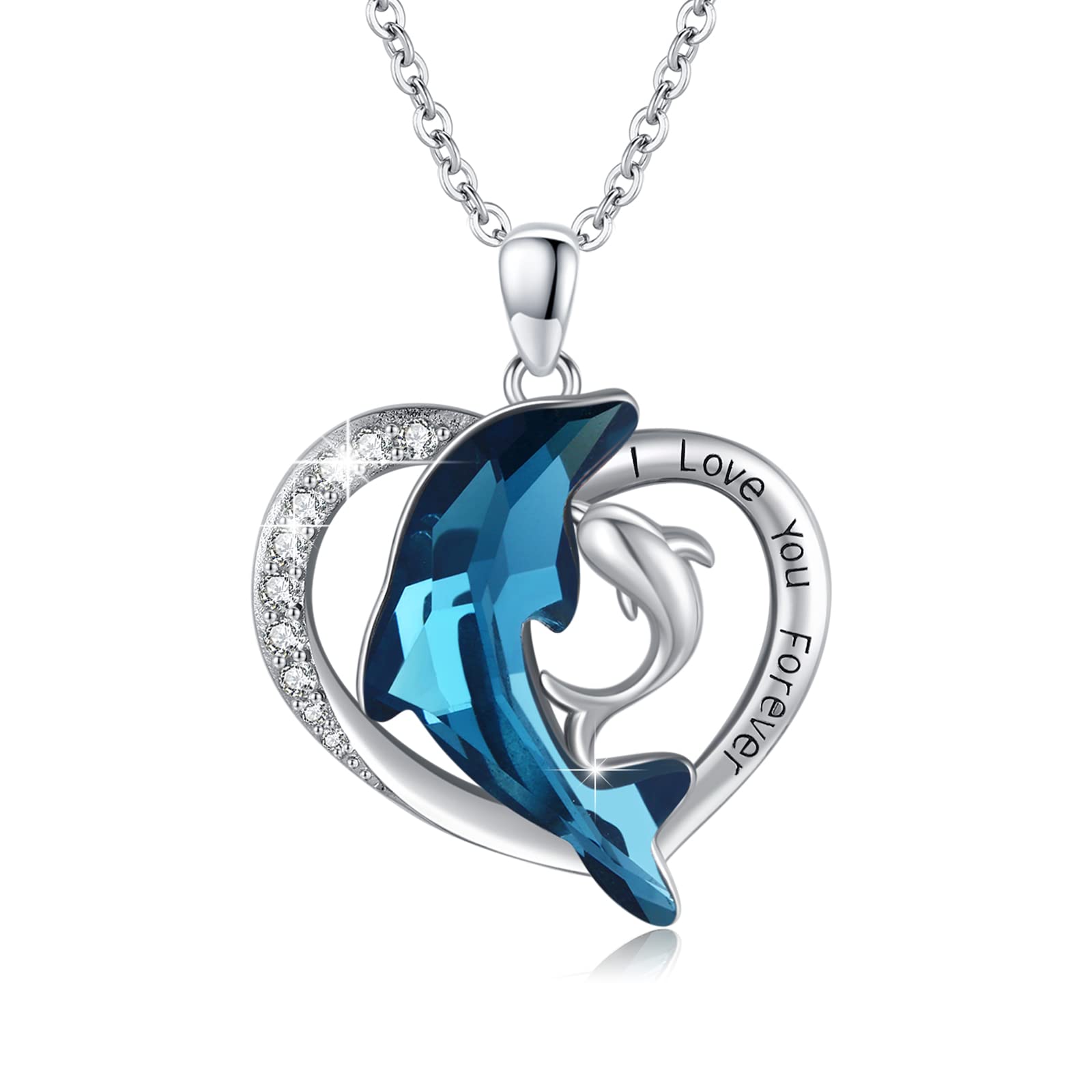 REDSUN Collar de plata de ley 925 con diseño de delfín en forma de corazón para mujer, collar de cristal azul con circonita, elegante colgante de regalo para mujeres, niñas, esposas, regalo para el