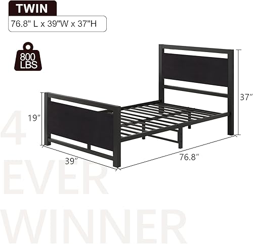 Miniatura 2 de 4 EVER WINNER Base de cama de metal tamaño individual con cabecero y estribo de madera negra, listones de acero de 14 metales resistentes, no