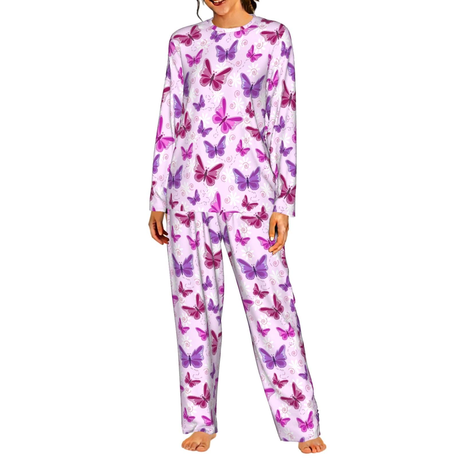 Pigiama da donna a maniche lunghe con stampa a farfalla rosa per vacanze, yoga, uscite casual, comodo regalo