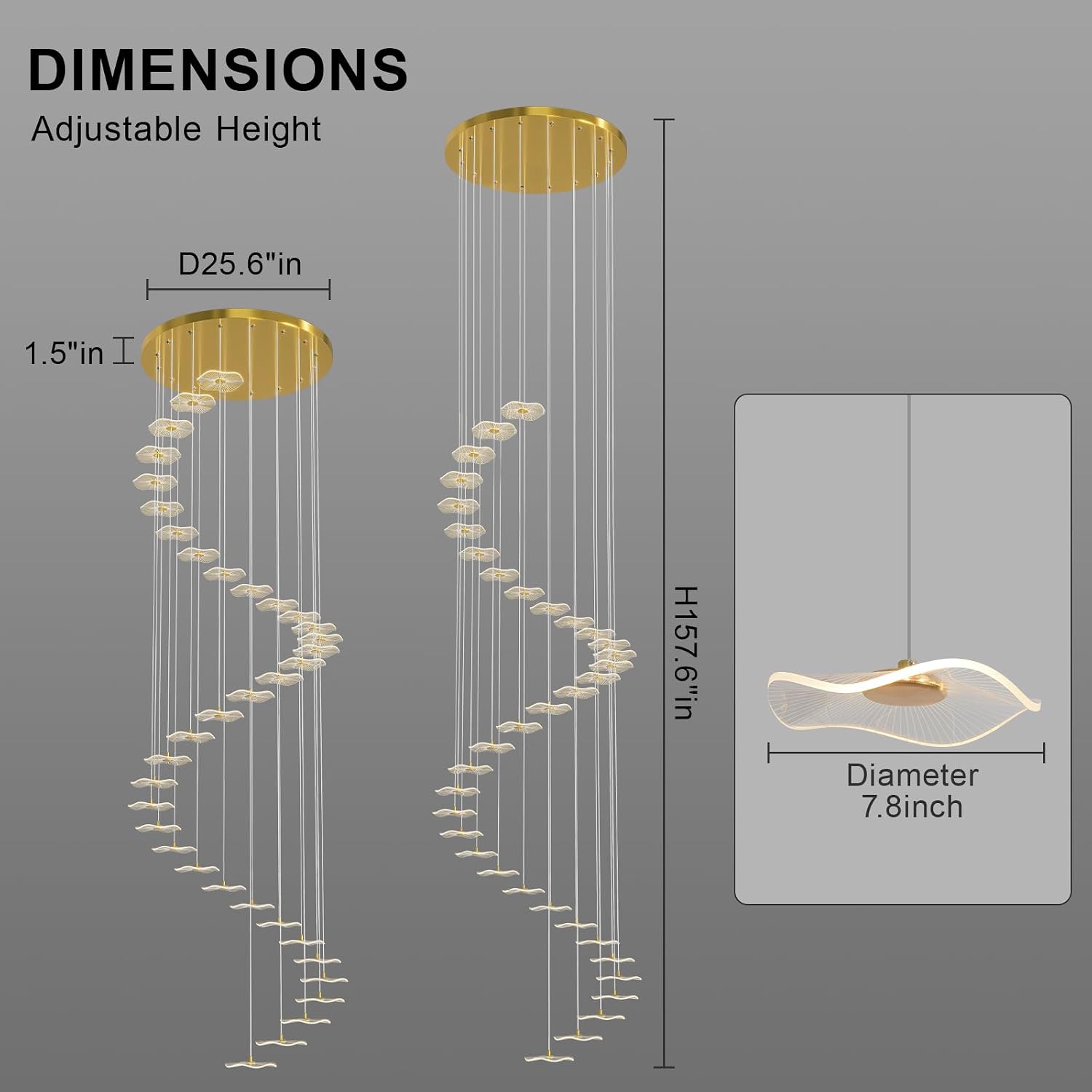 ziidoo High Ceiling Chandelier - 38-Light Dimmable Modern Gold Long Spiral Luxury Linear Lotus Leaf Led Lamp Hanging Pendant Lights for Foyer Enterway Staircase Villas