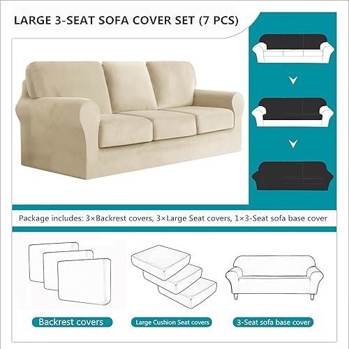 Miniatura 5 de 7 fundas de terciopelo elástico para sofá, para 1 funda de base, funda para sofá de 3 cojines y 3 fundas de respaldo, para muebles de sala (beige,