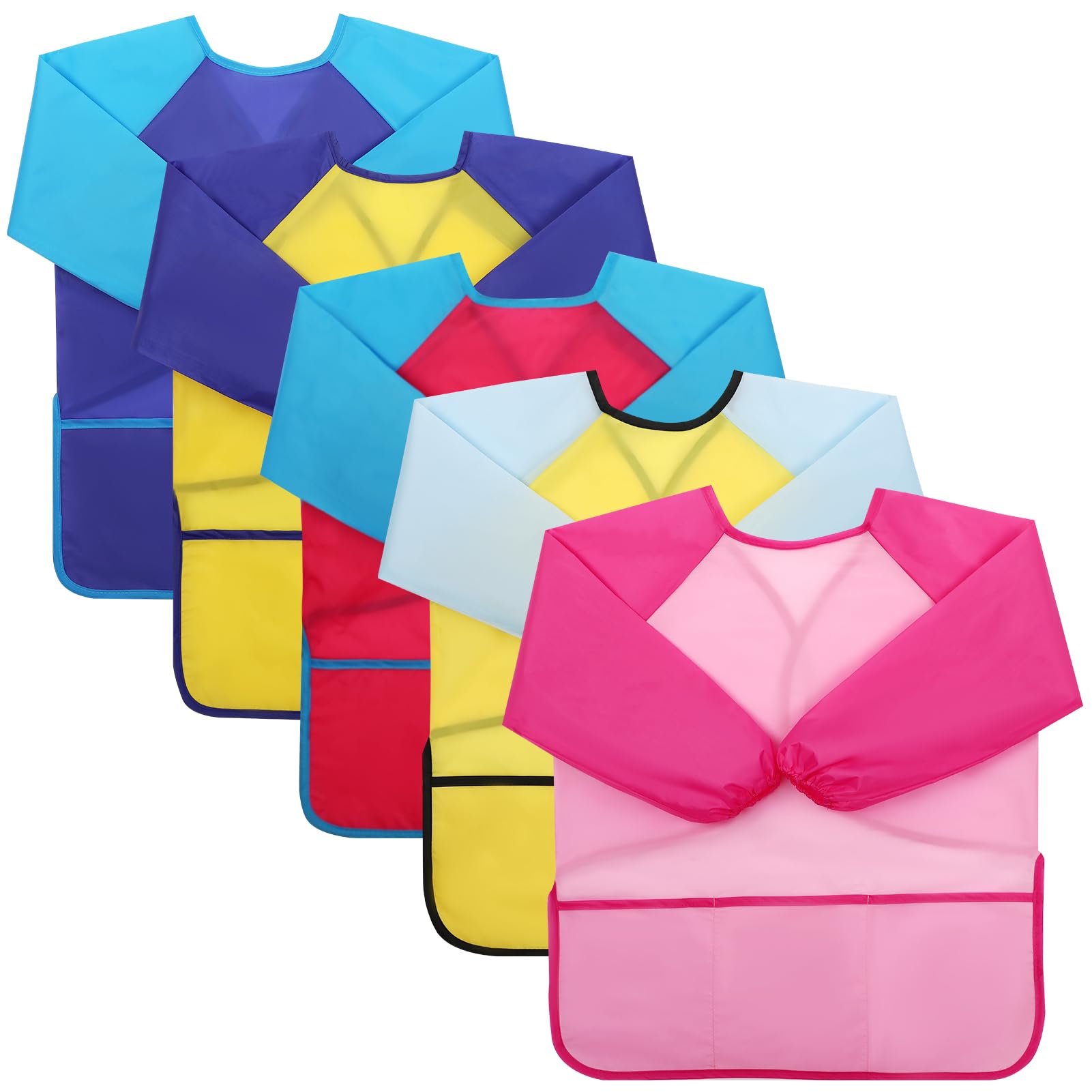 GSrenyu 5 Pack Kids Art Smocks, Waterproof Painting Apron with Long Sleeve and 3 Pockets for Children 3-8 Years, Art Paint Apron for Painting Cooking Crafts Eating