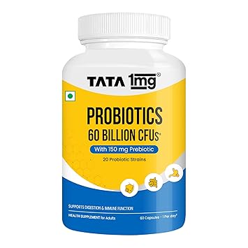 Tata 1mg Probiotics 60B CFU | 20 Probiotic Strains with 150 mg Prebiotic | Gut Health, Digestion & Immunity Support | 60 Vegetarian Capsules | No Refrigeration Needed