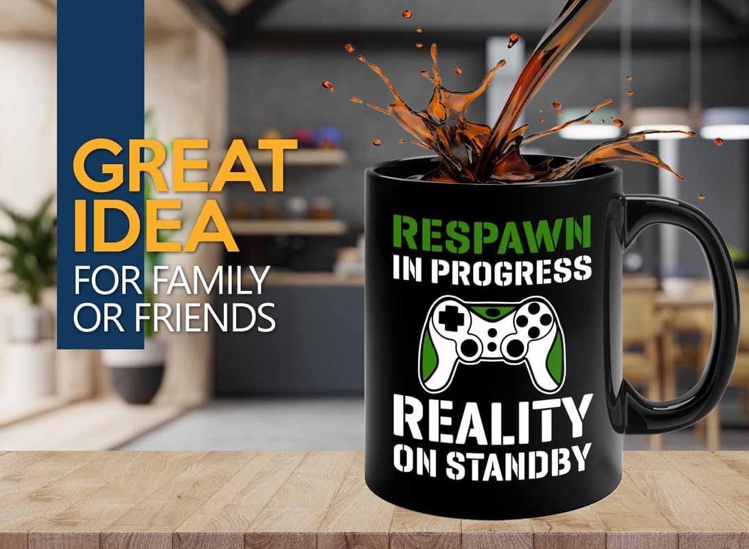 Taza de café Gamer 11oz negra - Respawn In Progress - Consola Gamer Novio Hijo Hermano PC Gamer Sarcasm Nerd Gaming Controladores multijugador PC Build | Taza de cerámica para jugadores de consola y PC, novios, hijos, hermanos y fanáticos de los juegos, recuerdo de cumpleaños para sala de juegos o escritorio