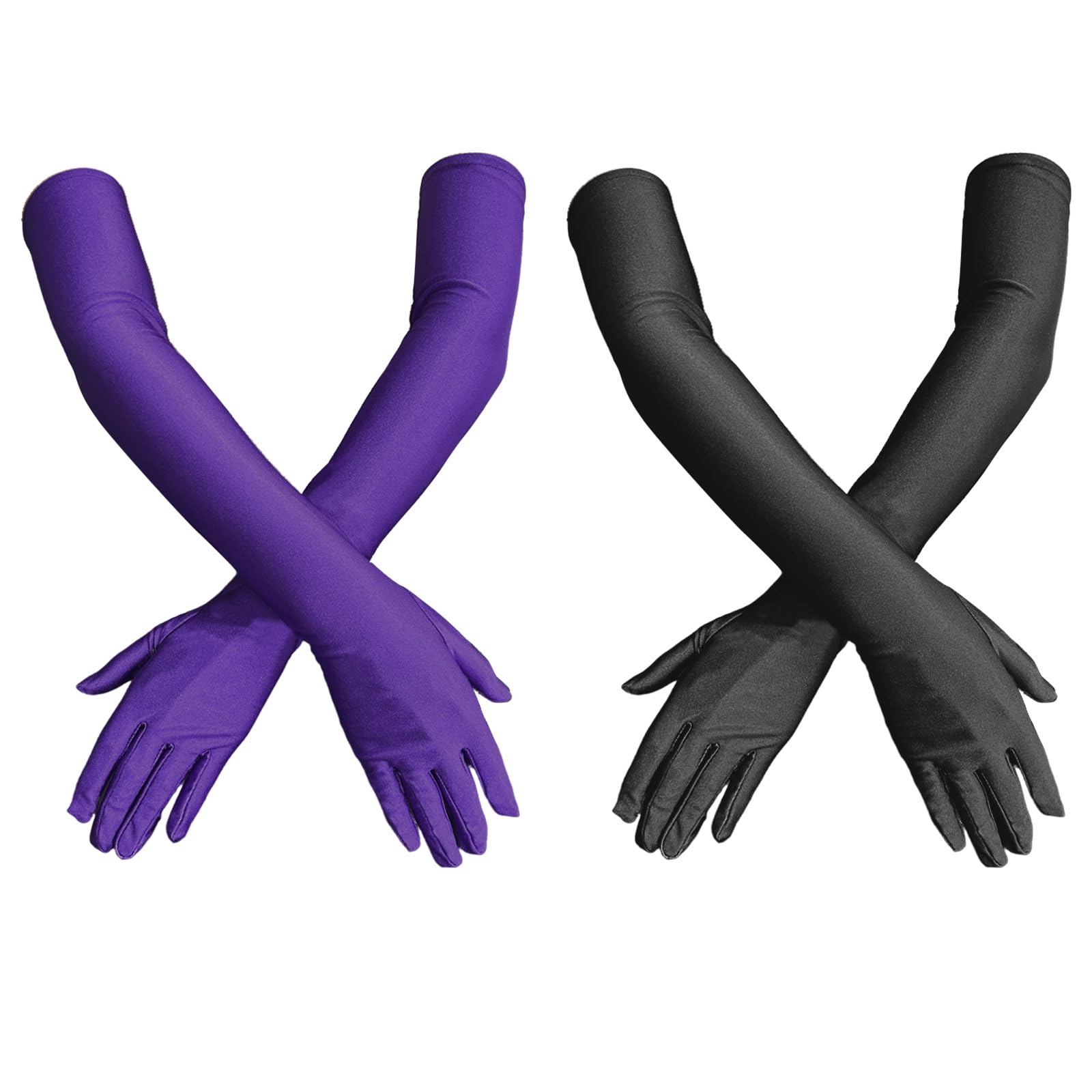 UILYNIU 2 Paires Gant de Longs Soirée Femme, Années 1920 Gants Long Satin Élégants, Accessoire de Années 80 Noir Longs Gants De Danse Gants D'opéra Déguisements Gants pour Femme Halloween Noël