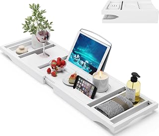 BAMBUROBA Foldable Bamboo Bathtub Caddy Tray - Expandable 29.5-43in Luxury Bath Organizer with Wine Glass Holder, Book/iPad Stand, White