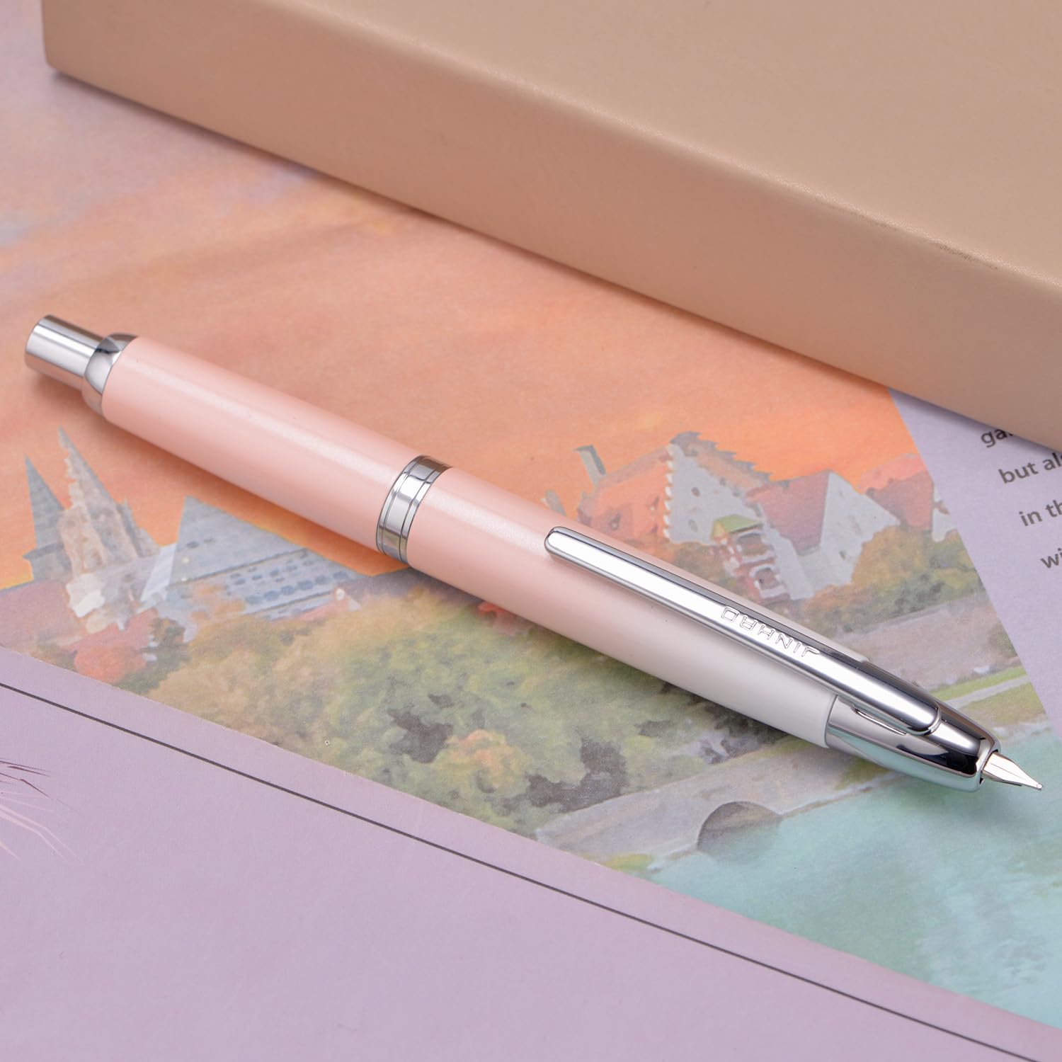 Jinhao 10 - Pluma estilográfica presurizada con caja, punta retráctil mediana en degradado rosa melocotón con conjunto de convertidor de tinta (clip plateado)