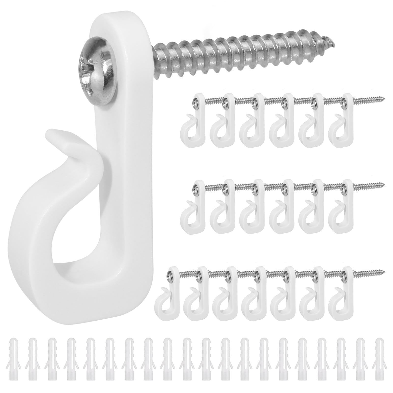 HONSNKS Screw Hooks for Outdoor String Light, White Q-Hanger Wall Hooks with Stainless Steel Phillips Screw for Christmas and New Year Party Outdoor Easy Release Wire and Fairy Led Lights, 20PCS