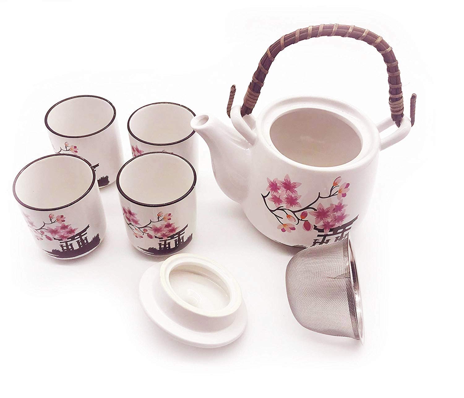 Happy Sales HSTS-CBWP30, Perfect 5 Piece Ceramic White and Pink Blossom Japanese Design Tea set