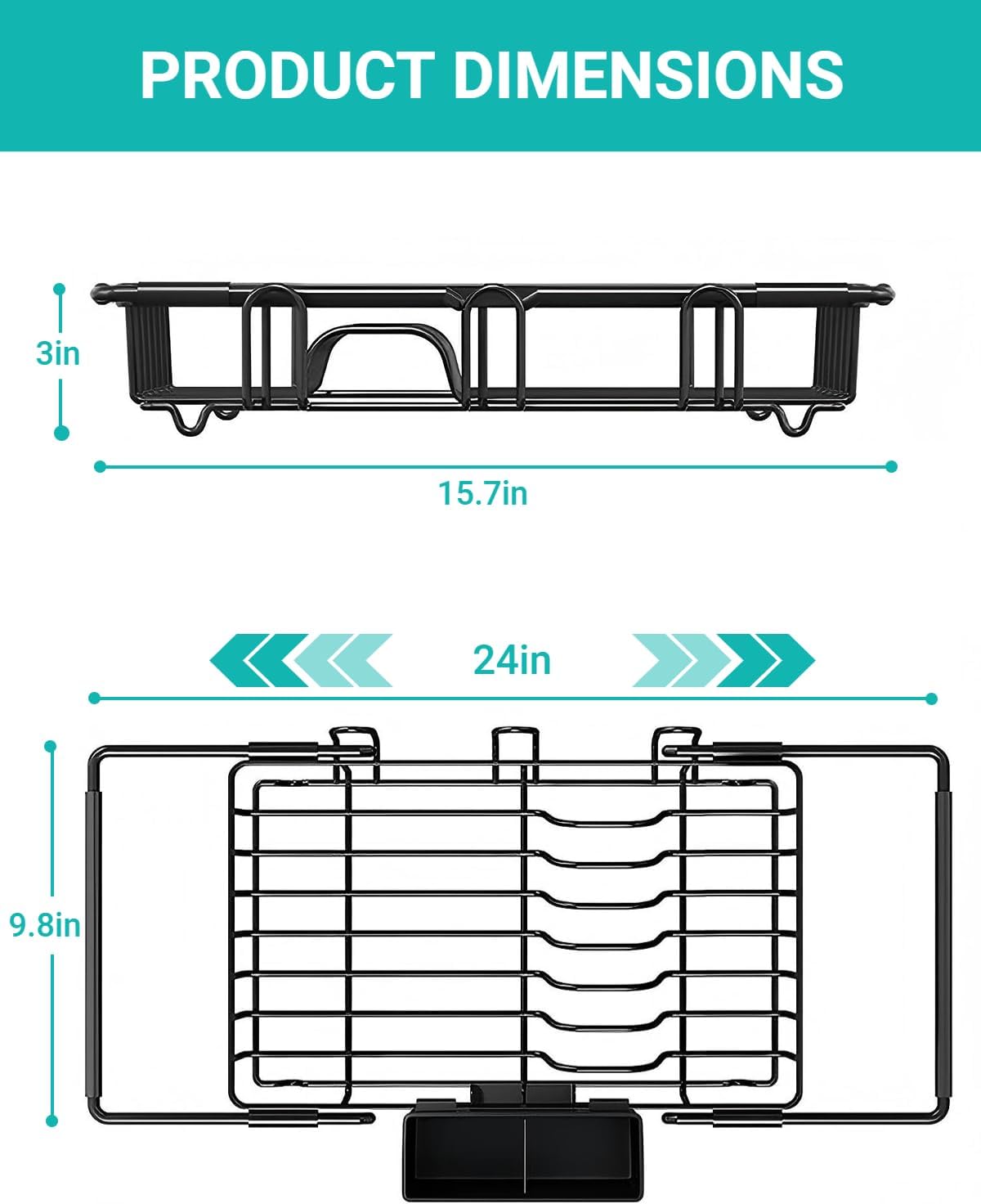 Sylfaen Expandable Over The Sink Dish Drying Rack, Stainless Steel Dish Rack in Sink, Kitchen Sink Drain Strainer with Utensil Holder & Cup Holders, Counter Space Saving & No Assembly Needed, Black