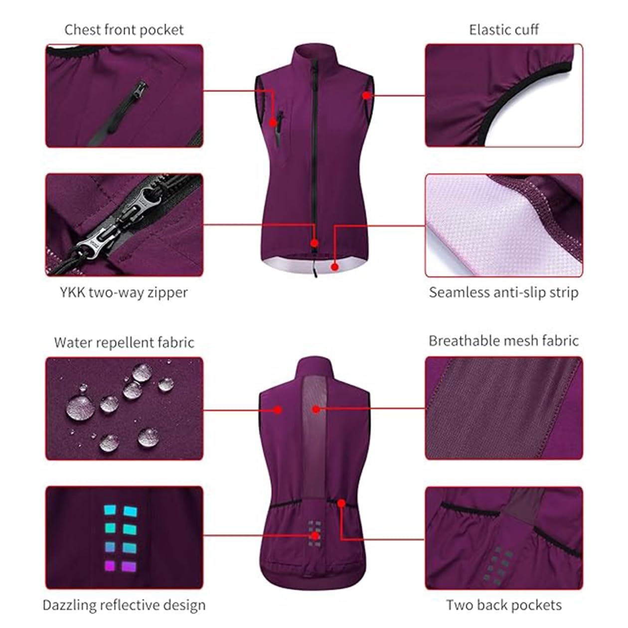 Chaleco Ciclismo para Mujer,Chaqueta Ligera y Transpirable sin Mangas, Chaleco para Correr a Prueba Viento, Chaqueta Cortavientos para Bicicleta montaña Chaleco,Purple-XL