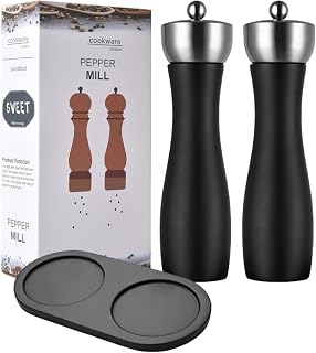 Pasdrucn Juego de 2 molinillos de sal y pimienta con mecanismo de cerámica, juego de molinillo de sal y pimienta, manual de madera, mecanismo de cerámica ajustable, color negro, 21 cm