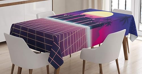 Lunarable Disco Tablecloth, Synthwave Retro City Palms Sun and Grid in Vibrant Tones, Rectangular Table Cover for Dining Room Kitchen Decor, 60" X
