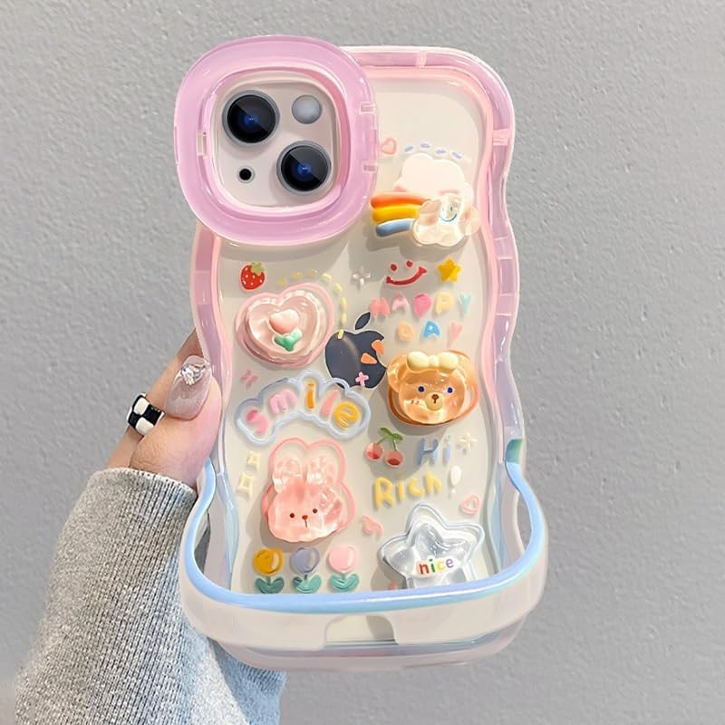 Image of COVERLY 3D Cute Creative Bear Flower Cartoon Rabbit Star Floral Decor Wave Curly Edge Invisible Double Phone Stand Holder Hard Happy Smile Cover Girly Charm Case for Apple iPhone 17 (Pastel Pink)