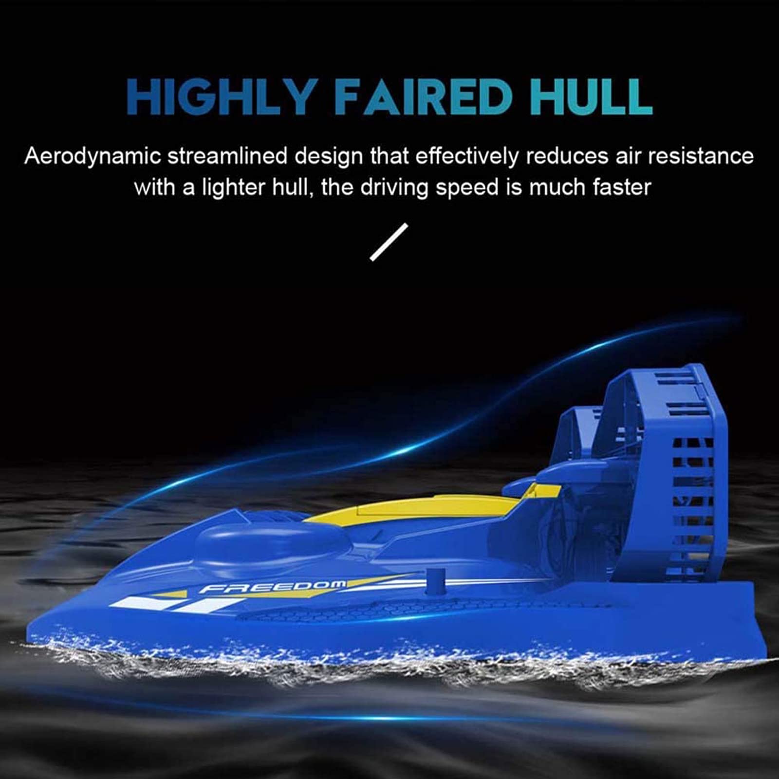 2.4GHz Bateau Télécommandé pour Aéroglisseurs Terrestres et Aquatiques Double Pouvoir, Rappel de Batterie Faible, Cadeaux de Jouets Nautiques pour Enfants et Adultes, Bleu