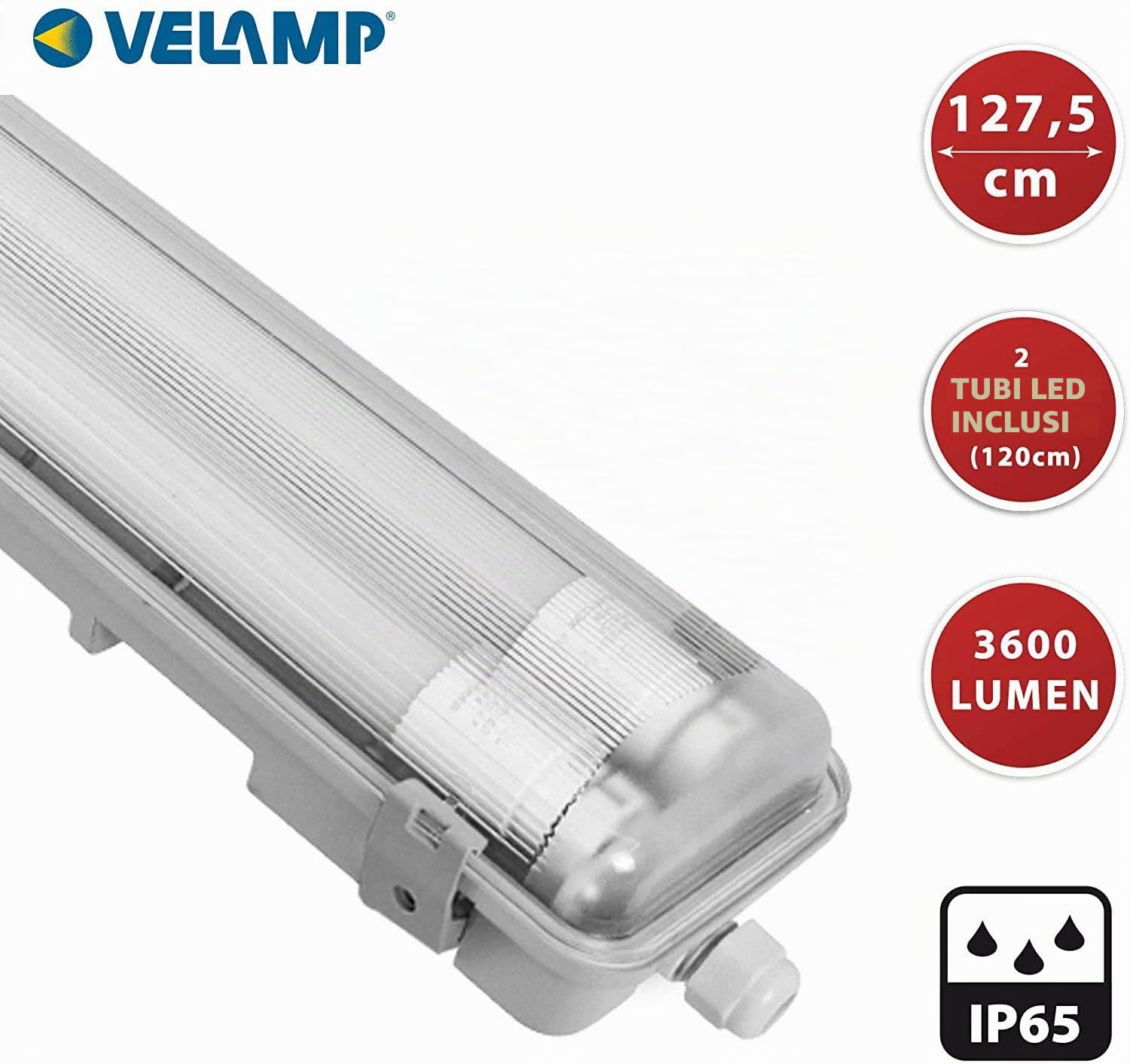 Velamp TNE258 Plafoniera stagna IP65 150 cm con tubi T8 LED, luce neutra