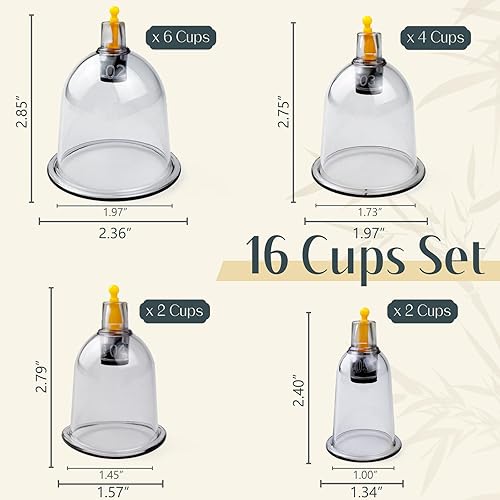 Vista 2 de Kit de ventosas para terapia de masaje, juego de 16 tazas de masaje profesional con bomba manual, juego de terapia de ventosas al vacío para reducir